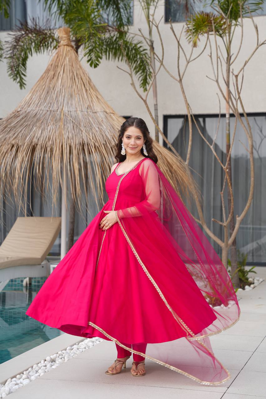 Ravi Rani Pink  Romansilk Chanderi Anarkali