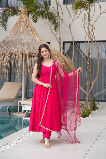 Ravi Rani Pink  Romansilk Chanderi Anarkali