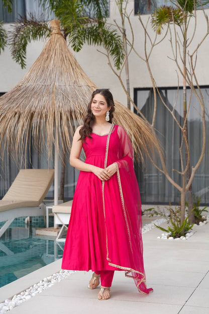 Ravi Rani Pink  Romansilk Chanderi Anarkali