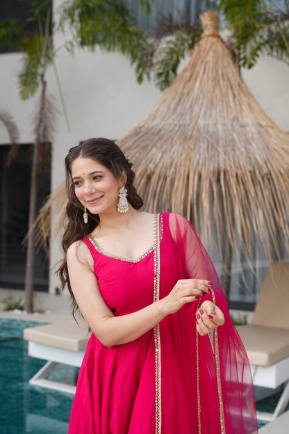 Ravi Rani Pink  Romansilk Chanderi Anarkali