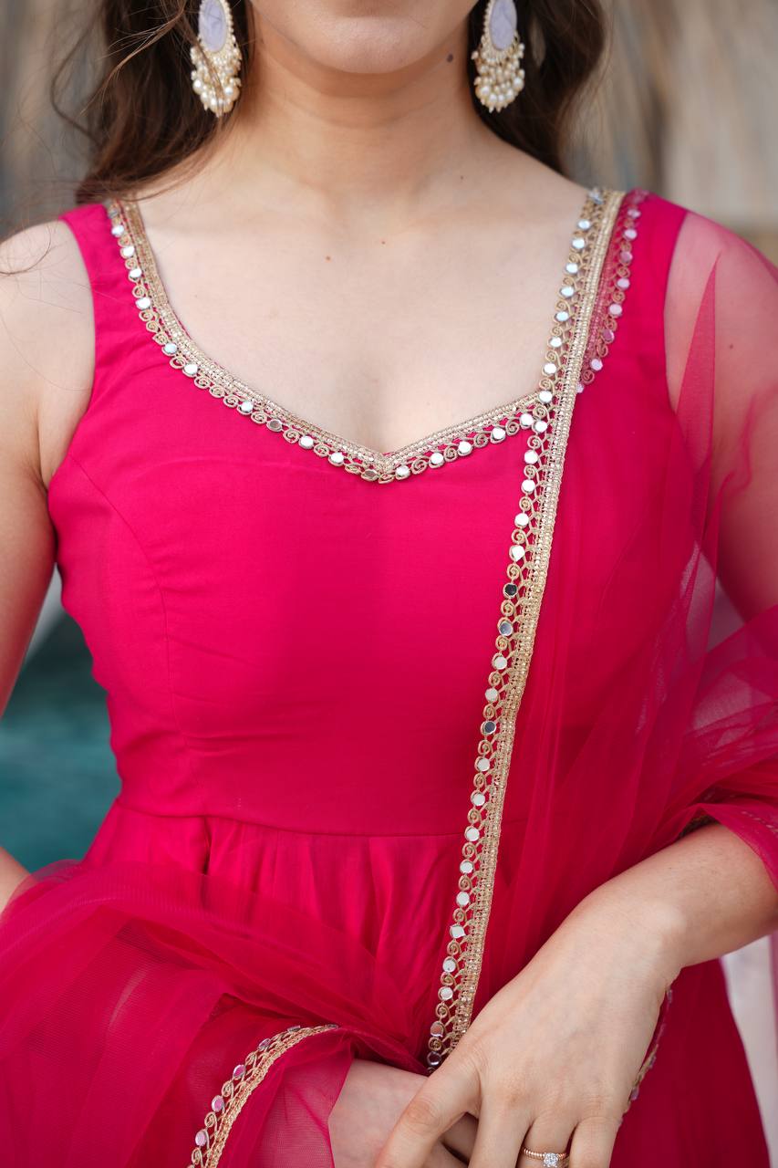 Ravi Rani Pink  Romansilk Chanderi Anarkali