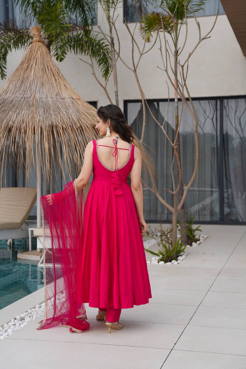 Ravi Rani Pink  Romansilk Chanderi Anarkali