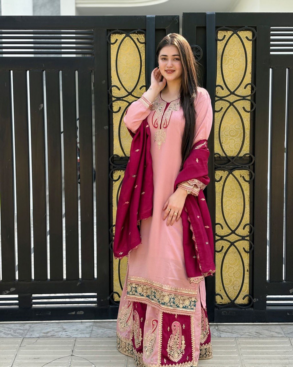 Majestic Rosé Ensemble Heavily Embroidered Traditional Gharara Suit