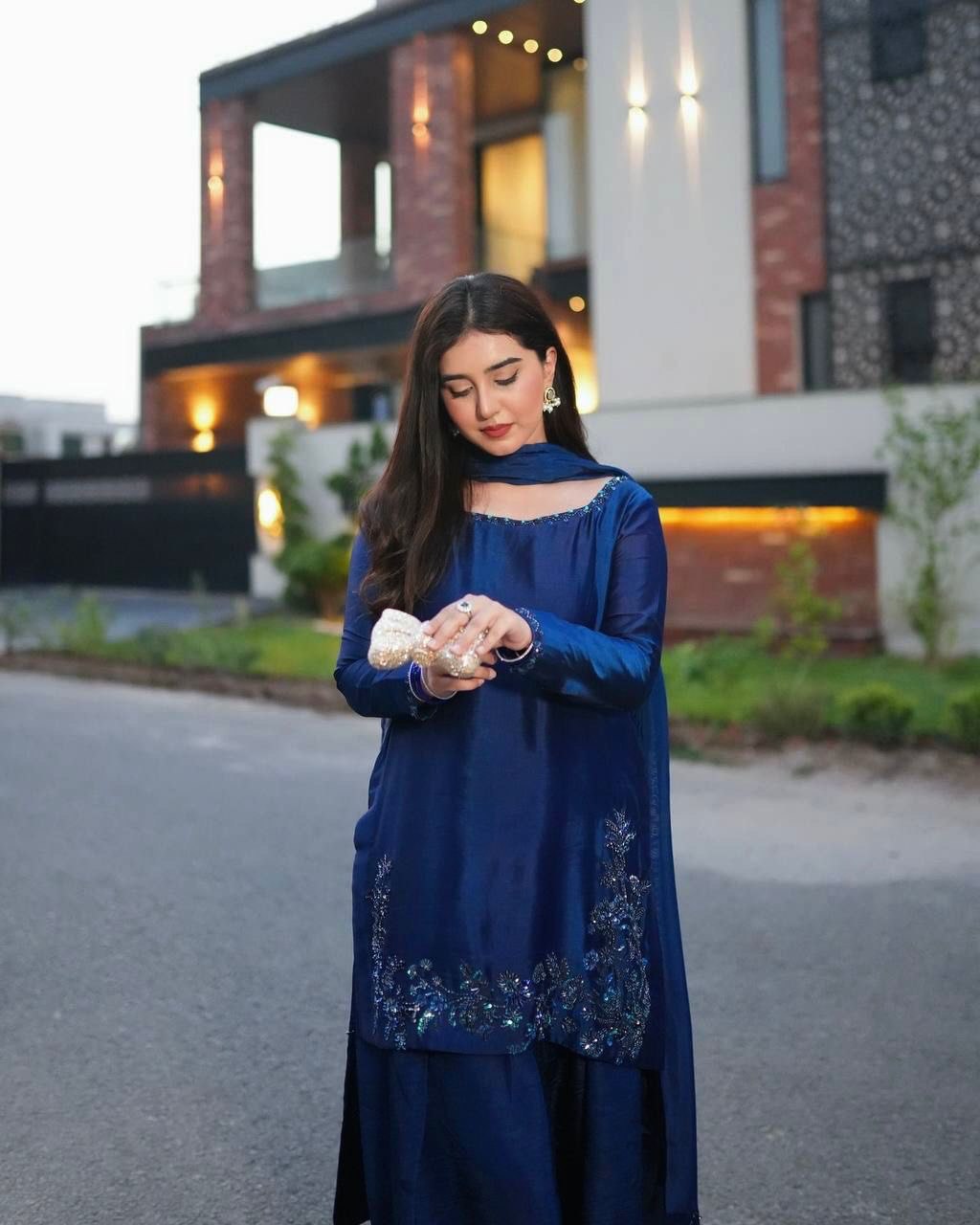Rehmat Deep Blue Navy Embroidered Suit Set with Palazzo Charm