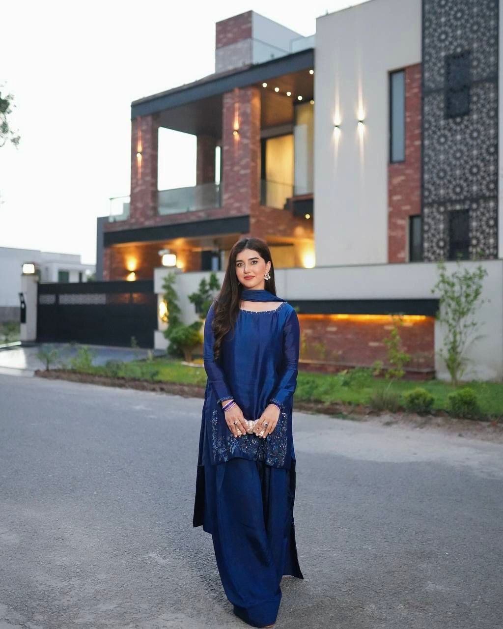 Rehmat Deep Blue Navy Embroidered Suit Set with Palazzo Charm
