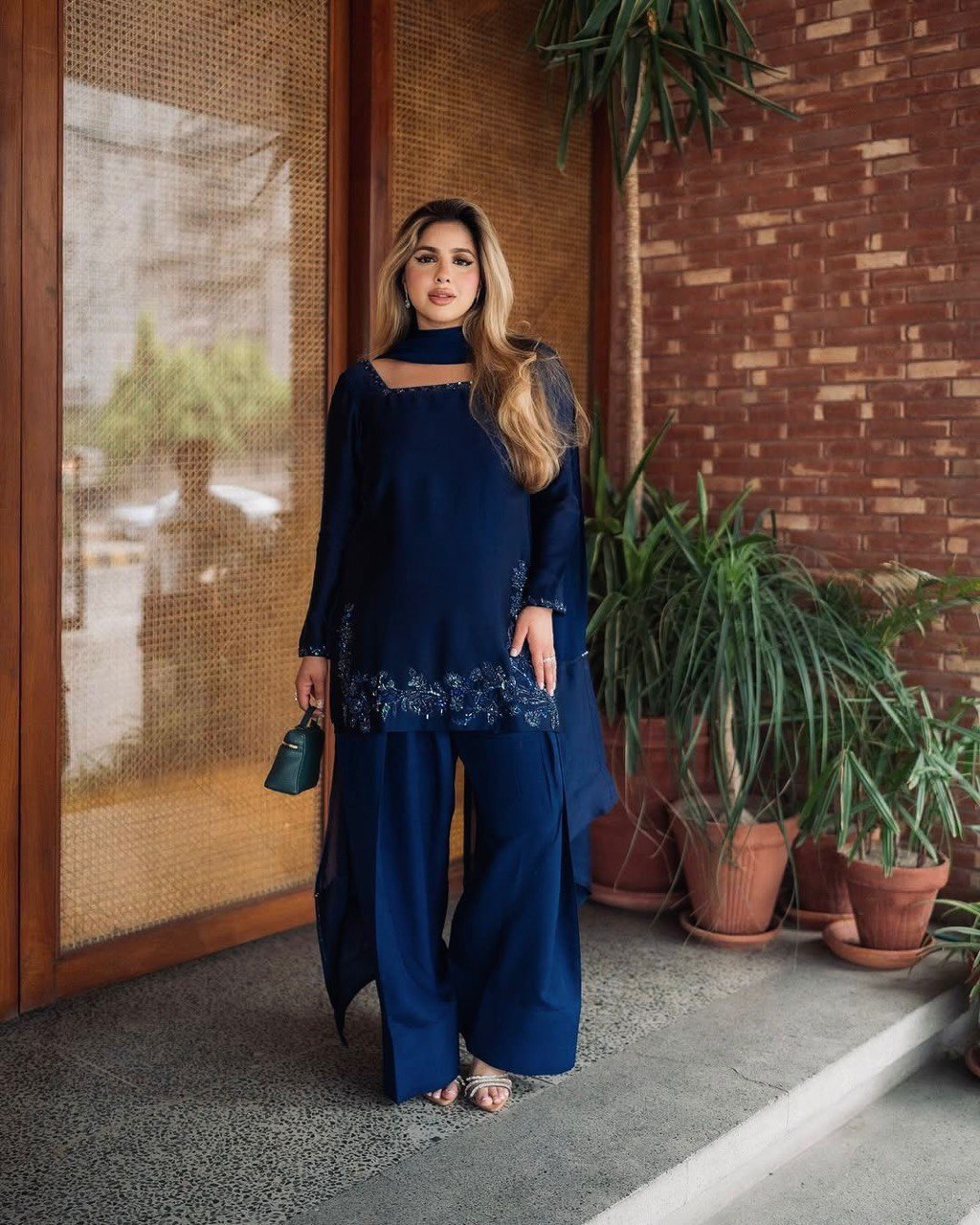 Rehmat Deep Blue Navy Embroidered Suit Set with Palazzo Charm