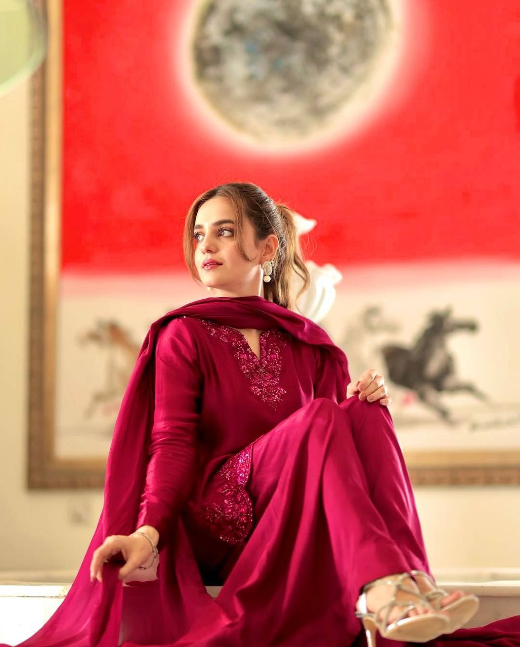 Gulzaar Vibes Deep Pink Natural Crep Silk Farshi Pent Suit Set