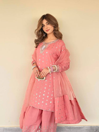 Aaria Blush Pink  Chinnon Silk And Multi Needle Farshi salwar
