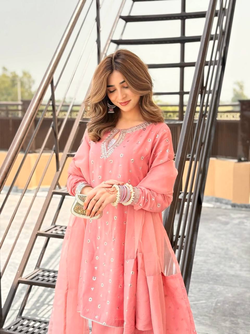 Aaria Blush Pink  Chinnon Silk And Multi Needle Farshi salwar
