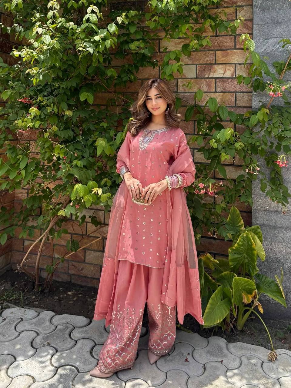 Aaria Blush Pink  Chinnon Silk And Multi Needle Farshi salwar