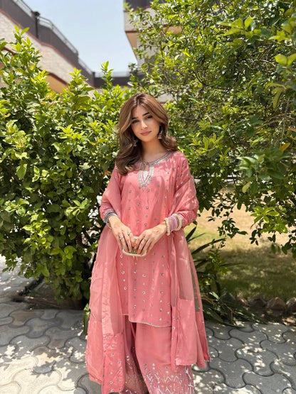 Aaria Blush Pink  Chinnon Silk And Multi Needle Farshi salwar