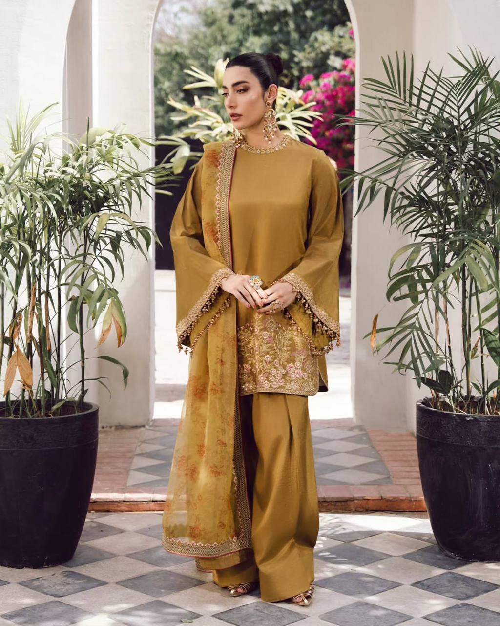 Musturd French Crep Silk Farshi Palazzo