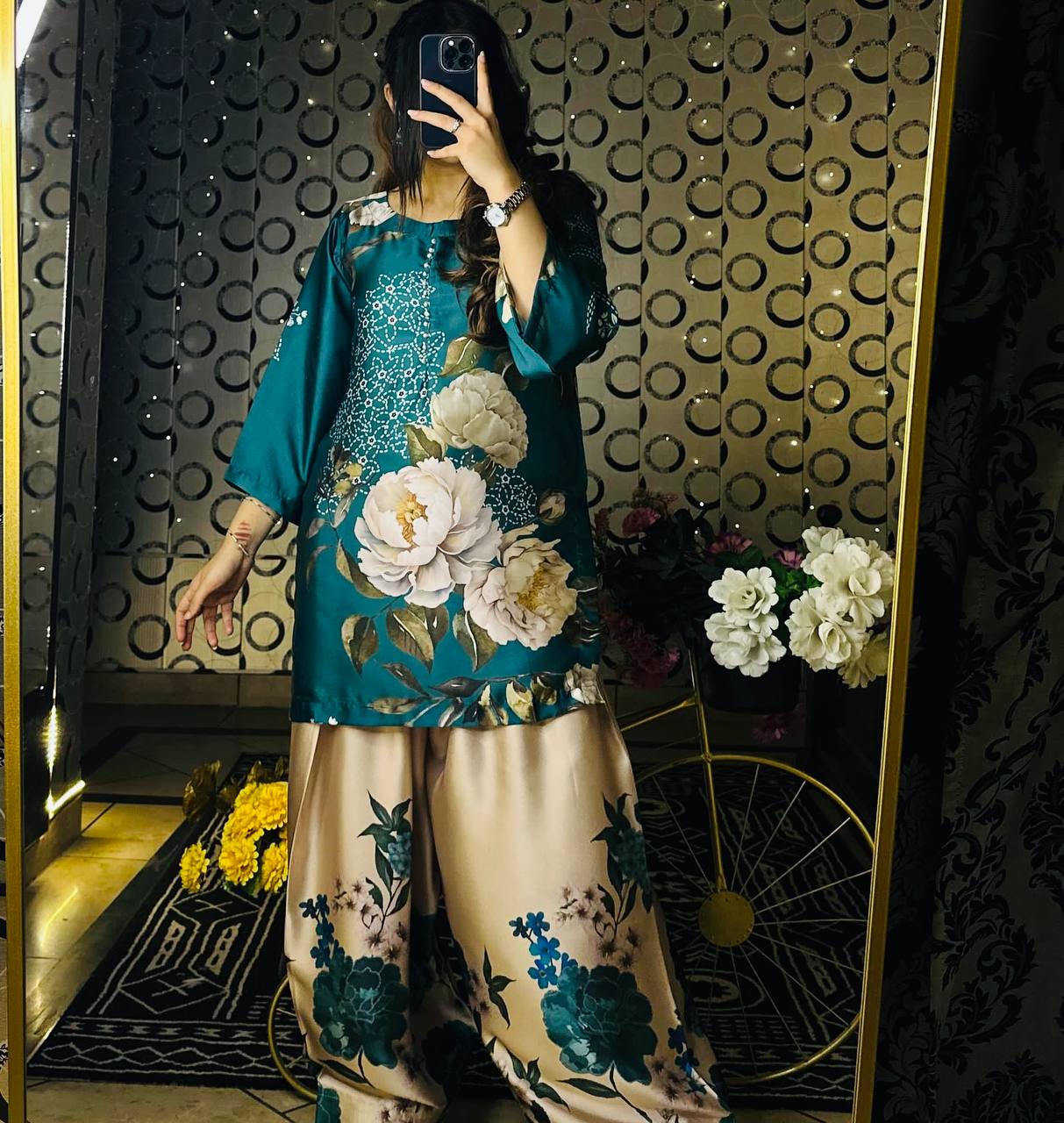 Teal Bloom Luxe Floral Top Farshi Pent Set