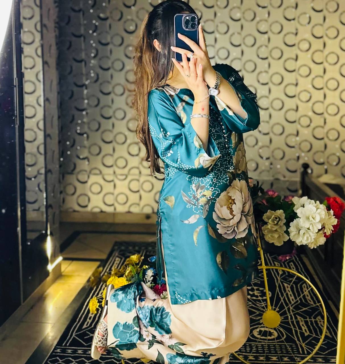 Teal Bloom Luxe Floral Top Farshi Pent Set