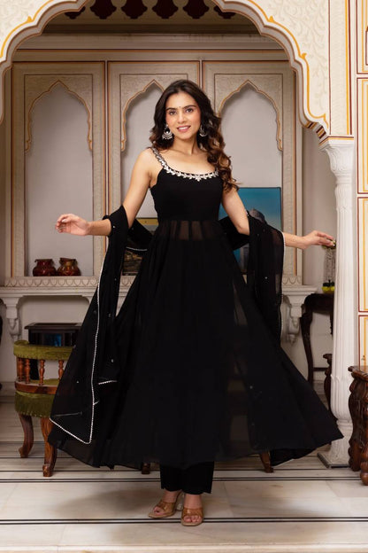 Black Handwork With Real Mirror Anarkali