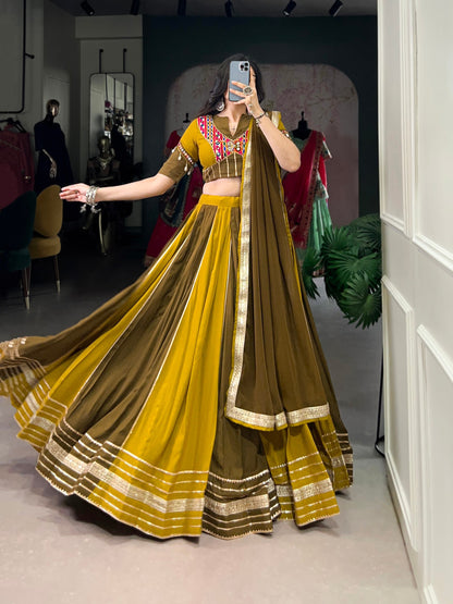 Navrang Mustard Mirror Neckline Navratri Lehenga