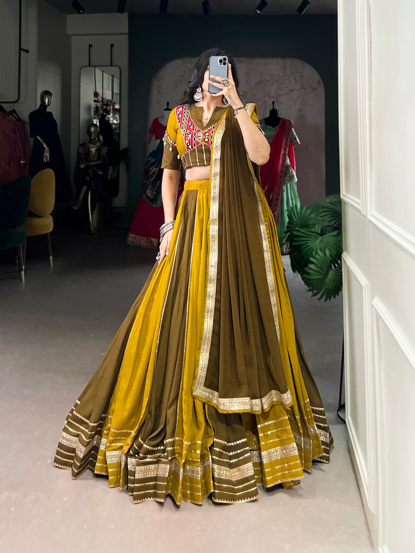 Navrang Mustard Mirror Neckline Navratri Lehenga