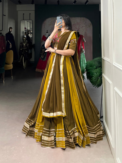 Navrang Mustard Mirror Neckline Navratri Lehenga