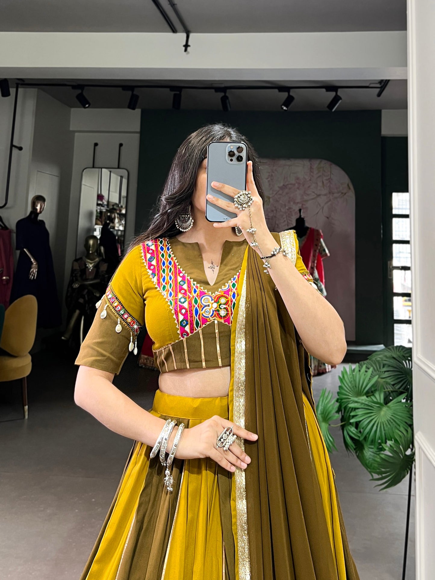 Navrang Mustard Mirror Neckline Navratri Lehenga