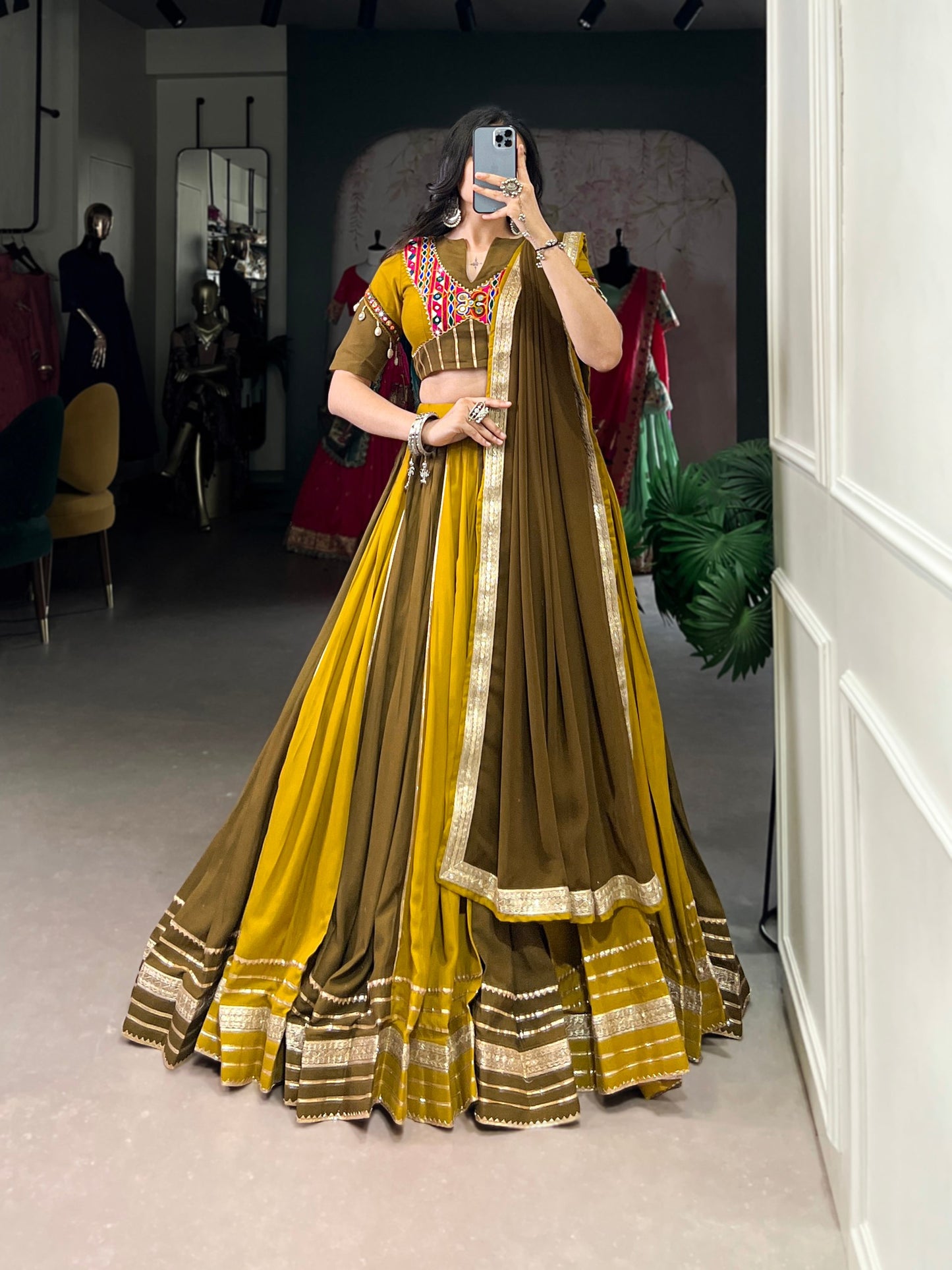 Navrang Mustard Mirror Neckline Navratri Lehenga
