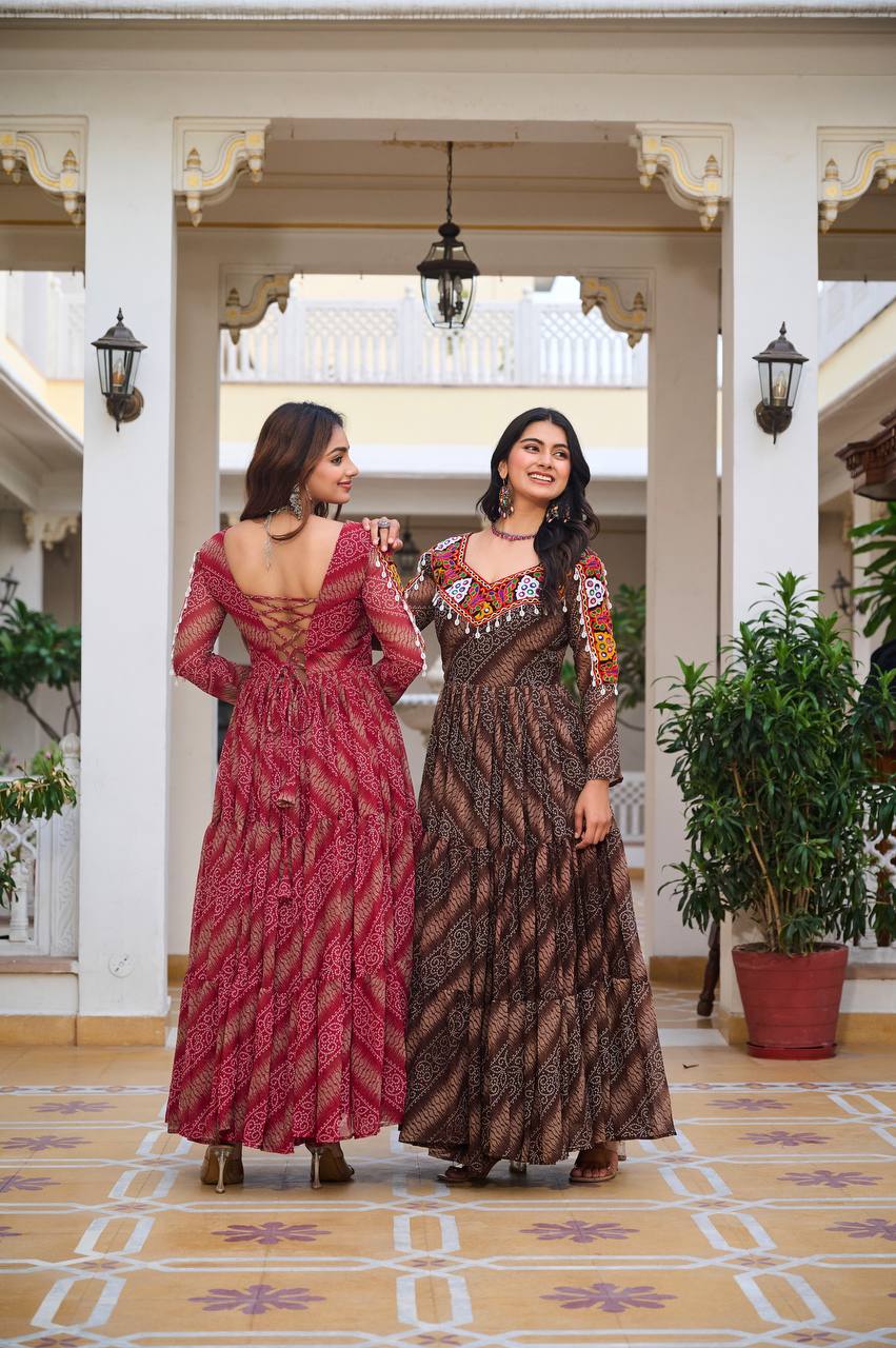 Bandhani Dreams and Mirror Gleams Gamathi Work Gown