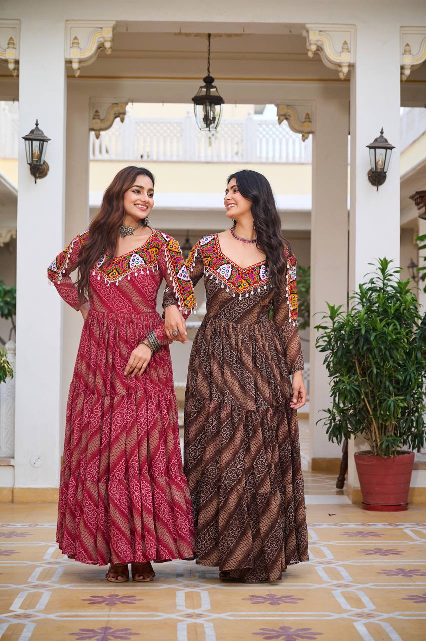 Bandhani Dreams and Mirror Gleams Gamathi Work Gown