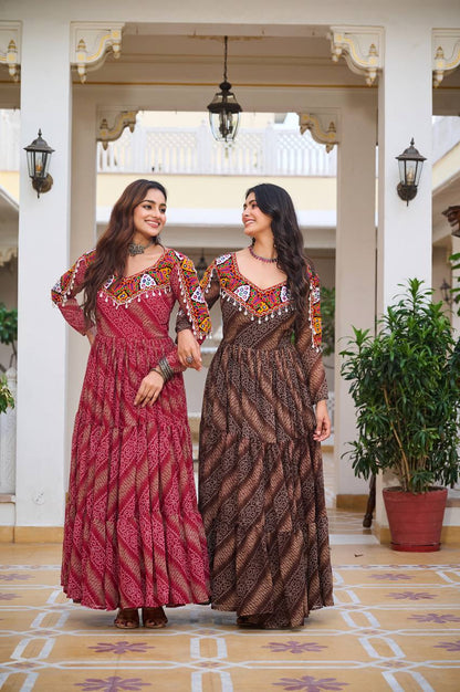 Bandhani Dreams and Mirror Gleams Gamathi Work Gown