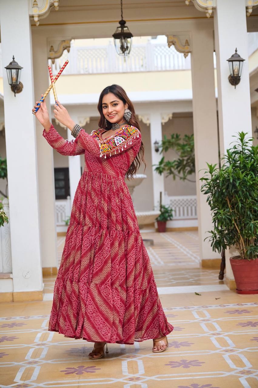 Bandhani Dreams and Mirror Gleams Gamathi Work Gown