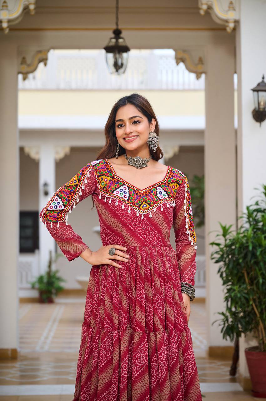 Bandhani Dreams and Mirror Gleams Gamathi Work Gown