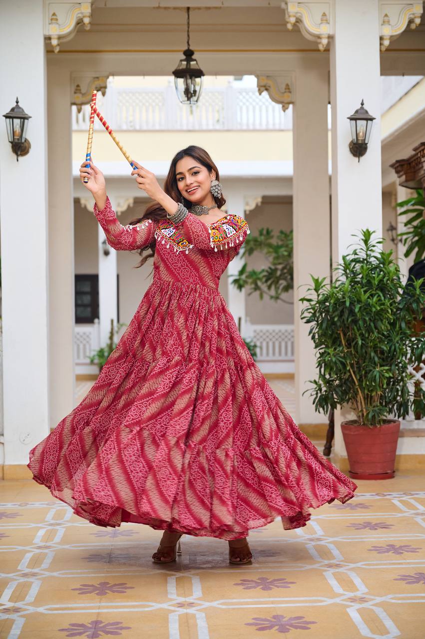 Bandhani Dreams and Mirror Gleams Gamathi Work Gown