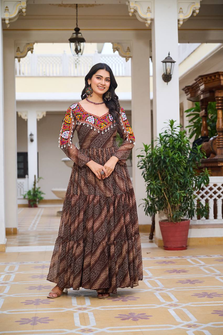 Bandhani Dreams and Mirror Gleams Gamathi Work Gown