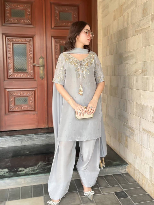 Pearl Mist Natural Crepe Designer Farshi Palazzo Set