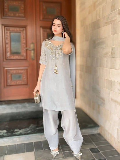 Pearl Mist Natural Crepe Designer Farshi Palazzo Set