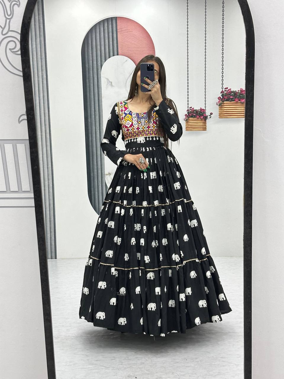 Black Ethnic Elephant Print Mirror Work Navratri Gown