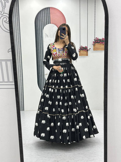 Black Ethnic Elephant Print Mirror Work Navratri Gown