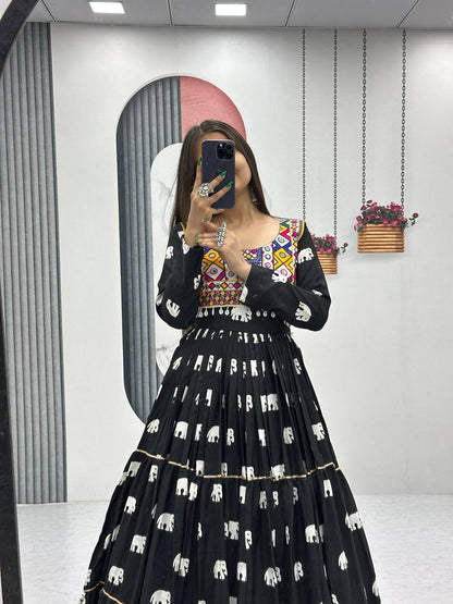 Black Ethnic Elephant Print Mirror Work Navratri Gown