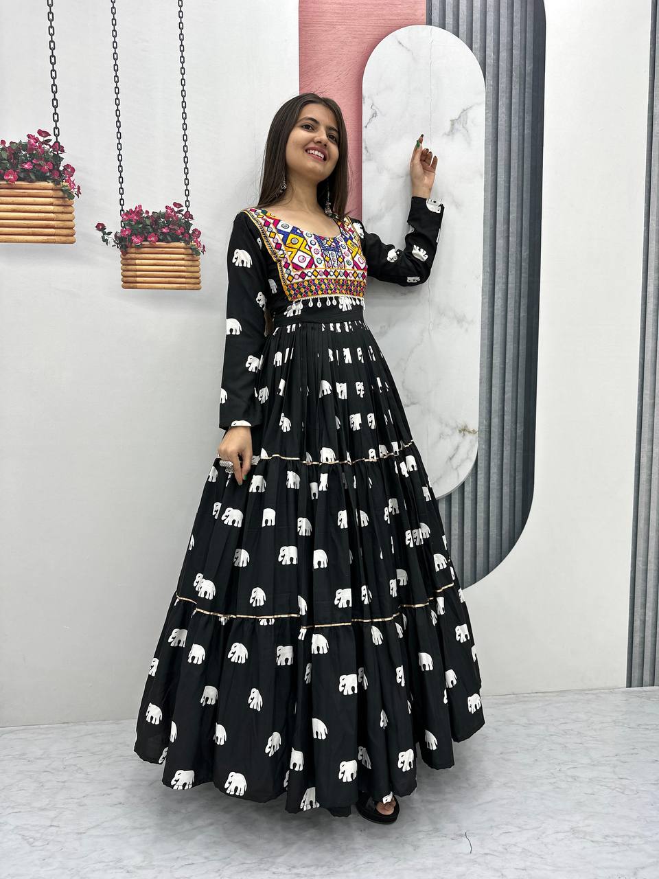 Black Ethnic Elephant Print Mirror Work Navratri Gown