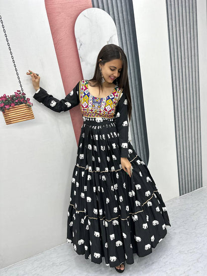 Black Ethnic Elephant Print Mirror Work Navratri Gown