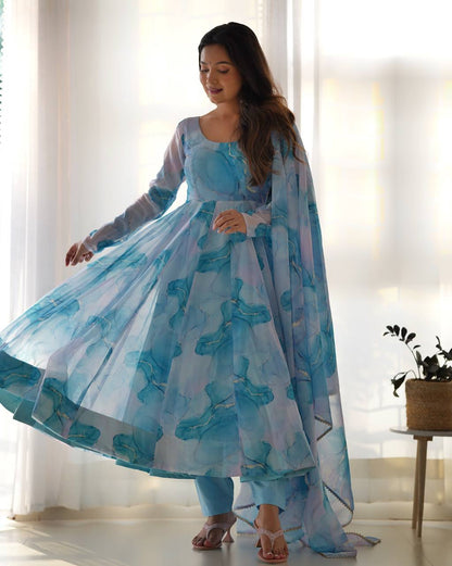 Sky Pure Soft  Organja Silk Marble Print Anarkali