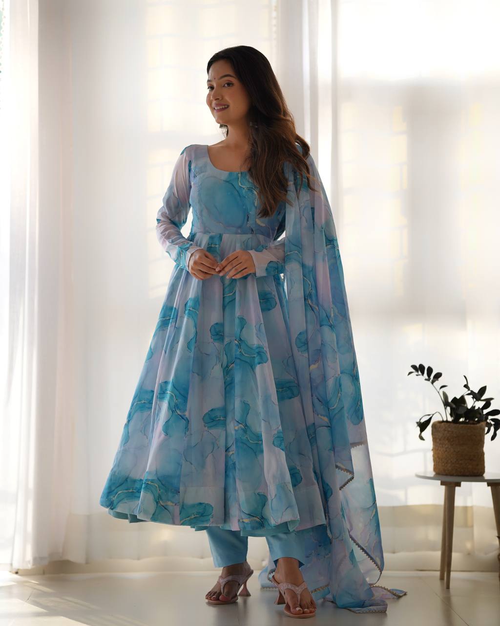 Sky Pure Soft  Organja Silk Marble Print Anarkali