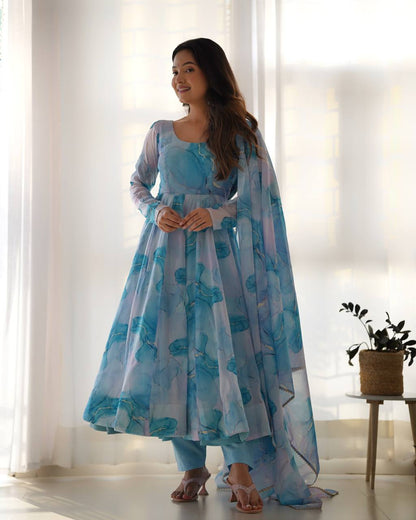 Sky Pure Soft  Organja Silk Marble Print Anarkali