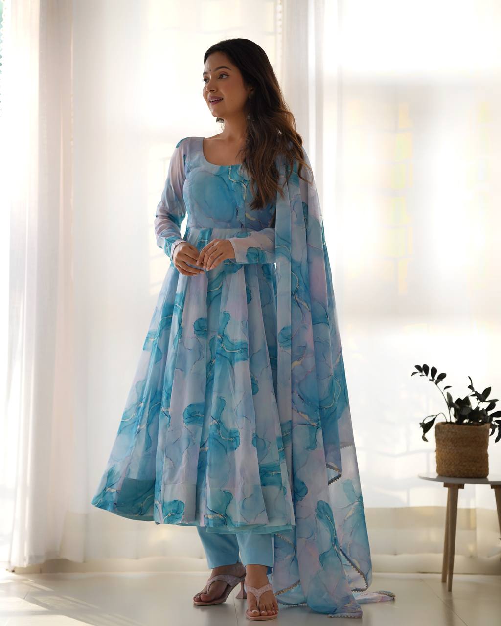 Sky Pure Soft  Organja Silk Marble Print Anarkali