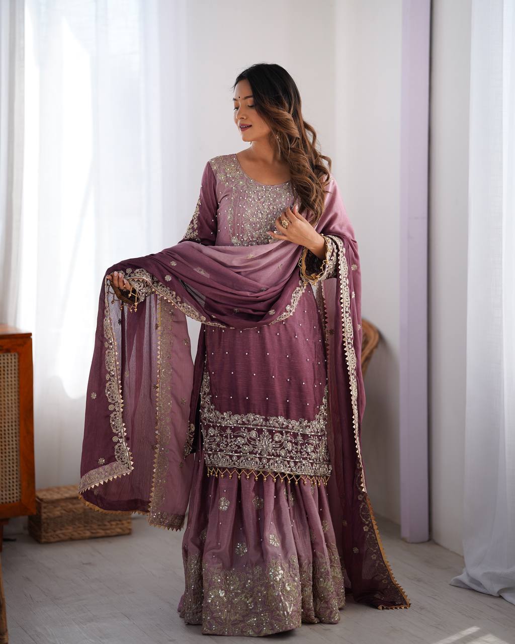 Rust Chinon silk Designer Party Wear Sharara