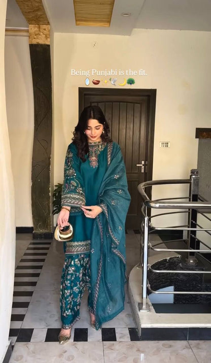 Simran Teal Punjabi Elegant Hand Embroidery Dhoti Set