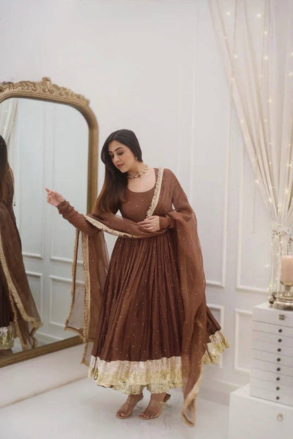 Brown Moti Work With Full Sleeve Anarkali