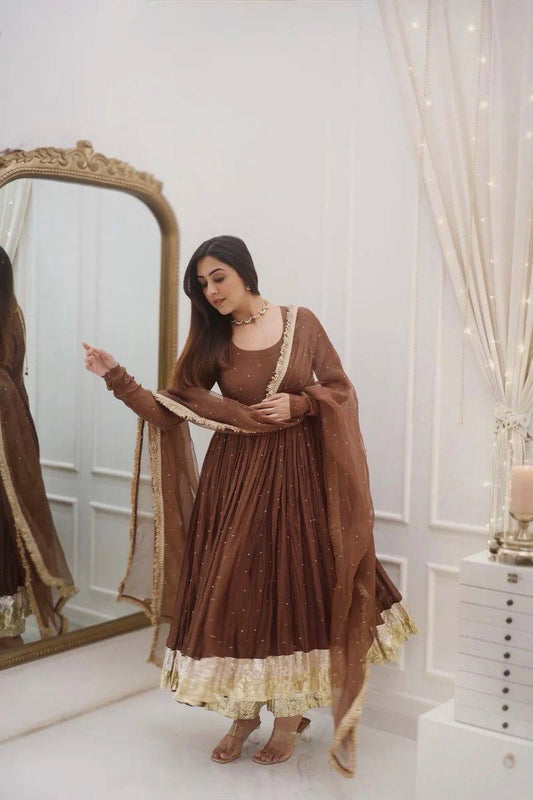 Brown Moti Work With Full Sleeve Anarkali
