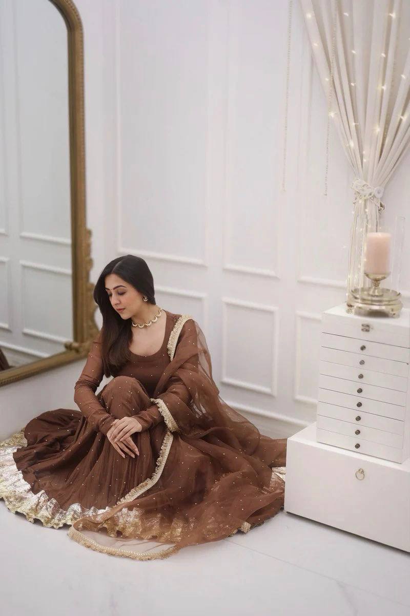 Brown Moti Work With Full Sleeve Anarkali