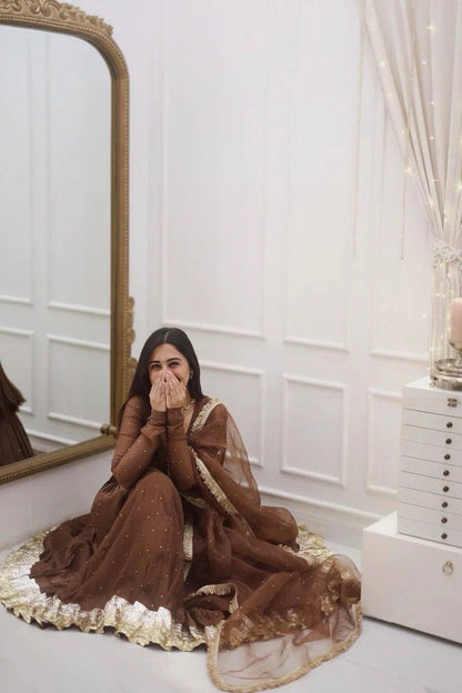 Brown Moti Work With Full Sleeve Anarkali