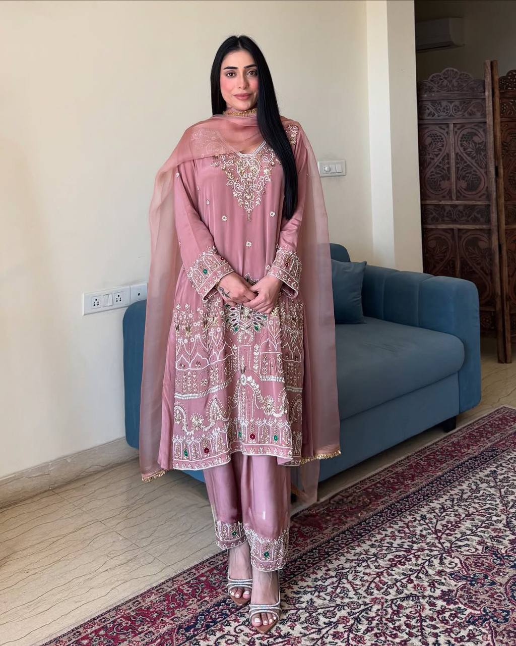 Royal Rose Dust Elegance Handcrafted Embroidered Suit Set