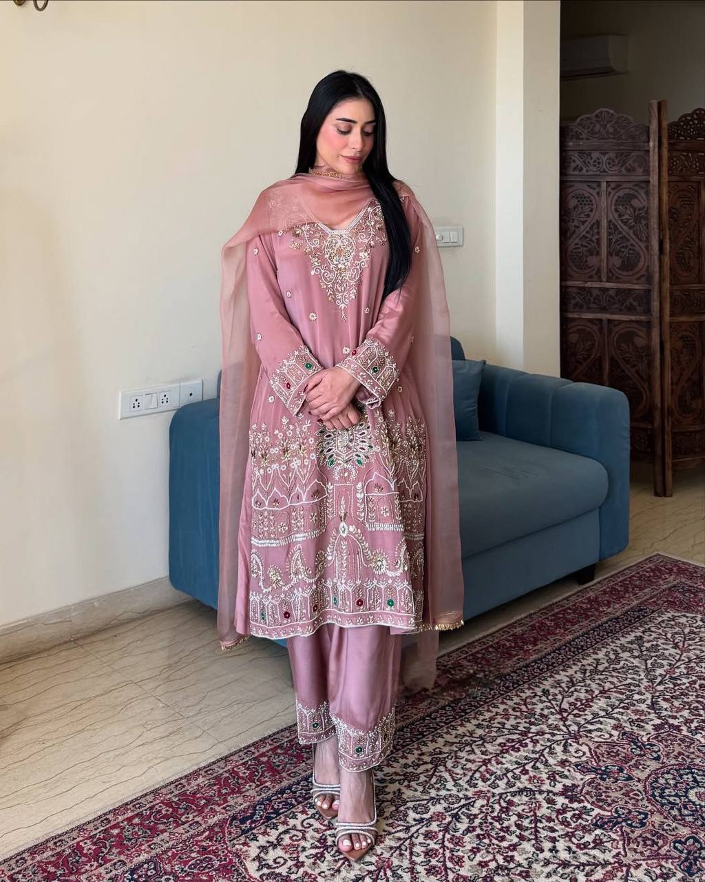 Royal Rose Dust Elegance Handcrafted Embroidered Suit Set